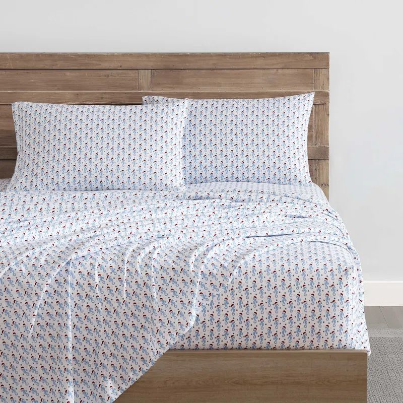 Navy Dusk Twin Flannel Sheet Set with Seahorse Print