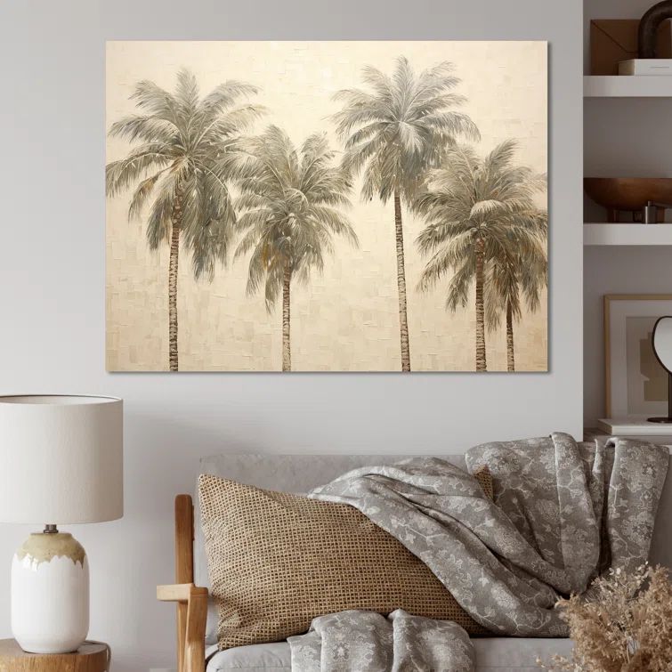 Vintage Tropical Palm Trees Beige Canvas Print with Wooden Frame