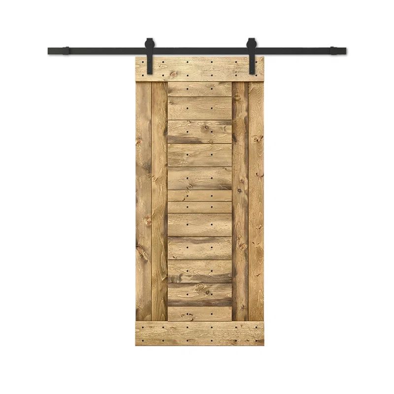 Weather Oak Stained Knotty Pine Wood Sliding Barn Door Kit with Matte Black Hardware