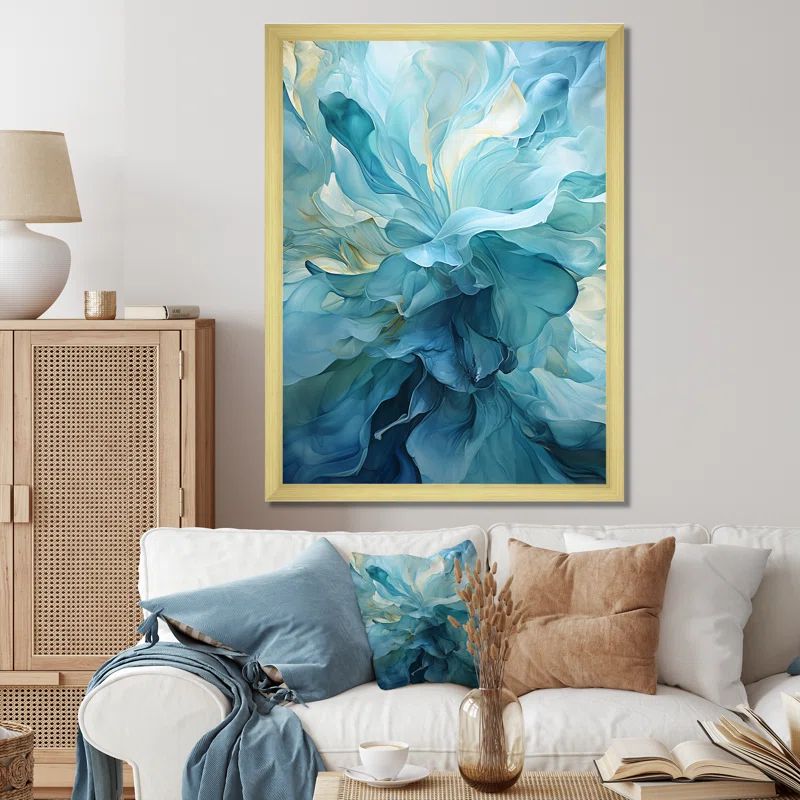Aqua Blue and White Abstract Canvas Print with Gold Frame