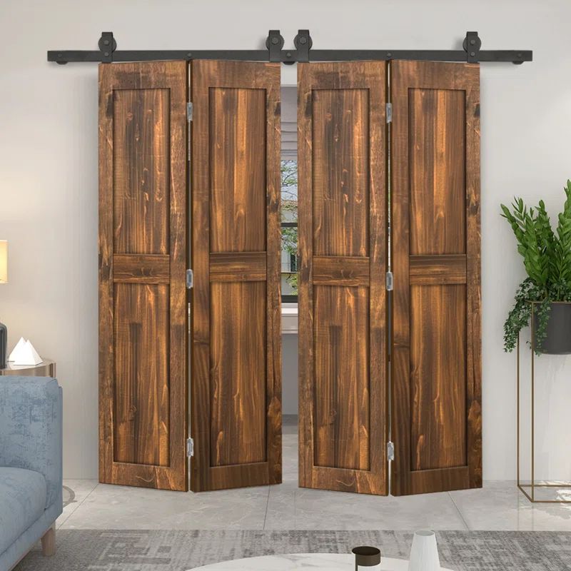 Walnut Stained Pine Wood Double Bifold Barn Door with Black Hardware