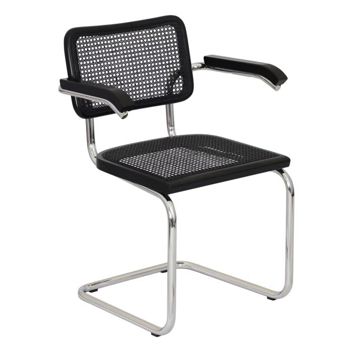 All-Black Metal and Cane Cantilever Accent Chair