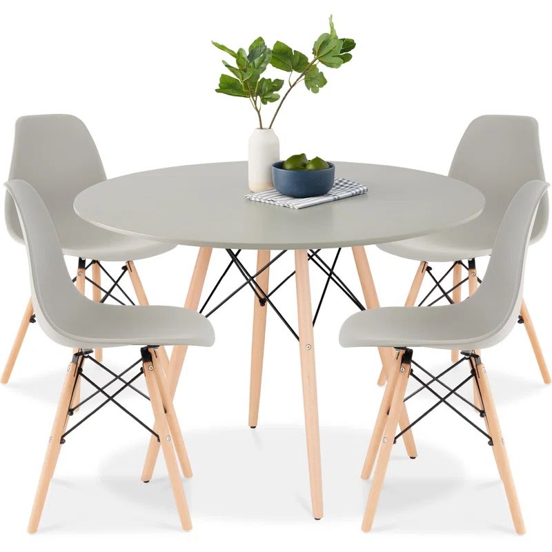 Gray and Oak Round Mid-Century Modern Dining Set with Beech Wood Legs