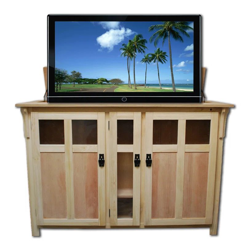 Unfinished Oak and Oak Veneer TV Lift Cabinet with Glass Panels