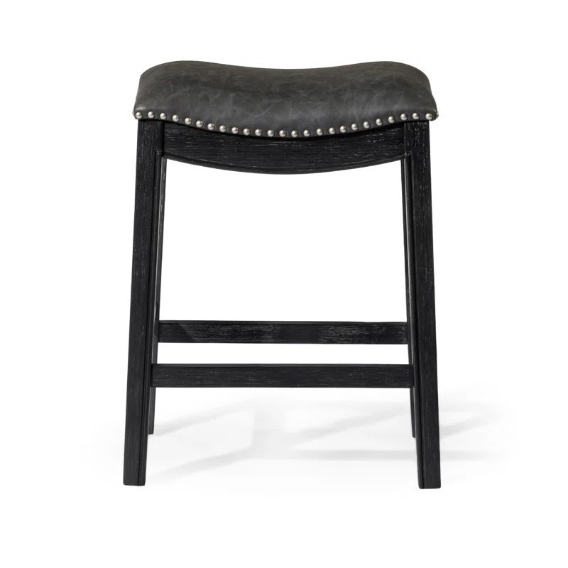 Weathered Oak Backless Saddle Barstool with Vegan Leather Seat