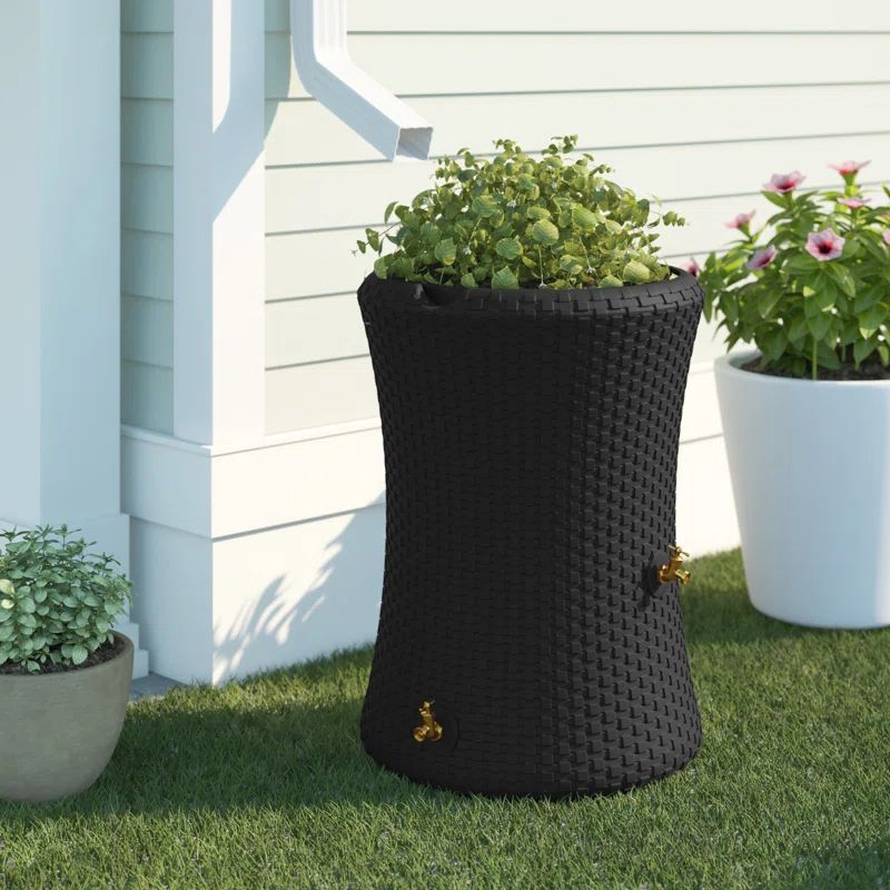 Black Wicker 50 Gallon Rain Barrel with Planter Top