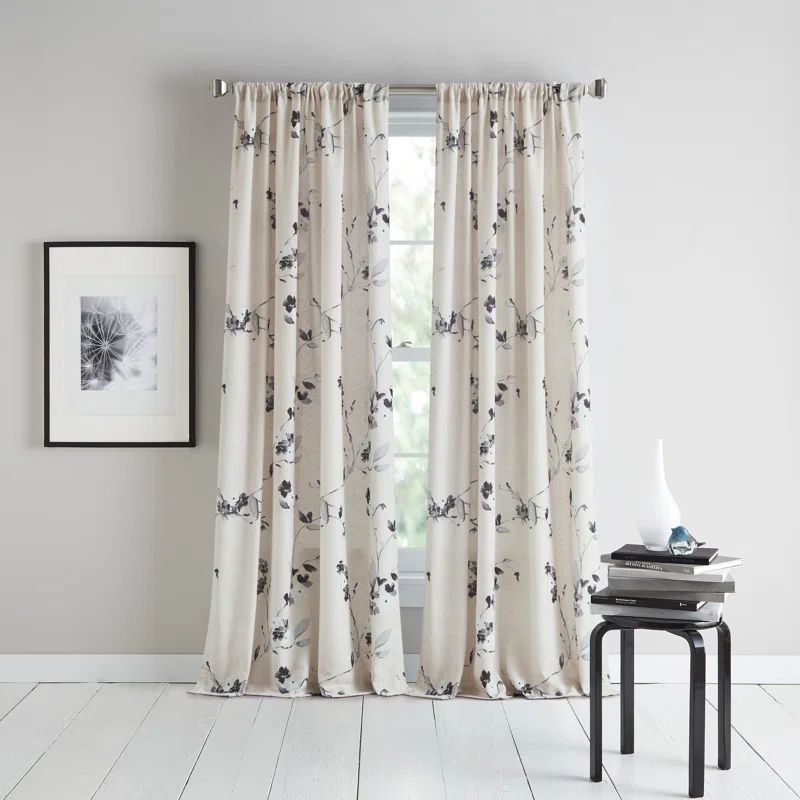 Gray Floral Polyester Rod Pocket Window Curtain Panel Pair