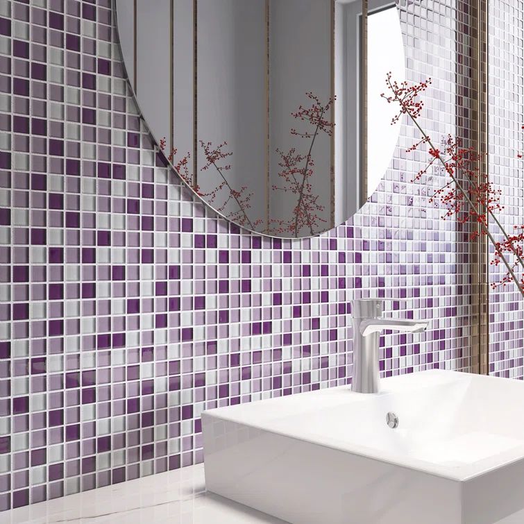 Purple and White Glass Mosaic Tile Sheet for Walls