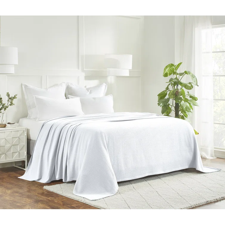 Full/Queen White Cotton Honeycomb Knit Blanket