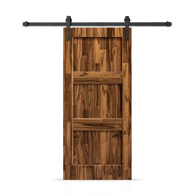 Walnut Stained Pine Wood 38" x 84" 3 Panel Barn Door Kit with Matte Black Hardware
