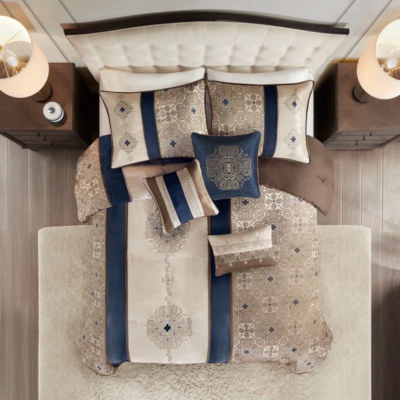 Navy and Taupe Jacquard Queen Comforter Set with Decorative Pillows