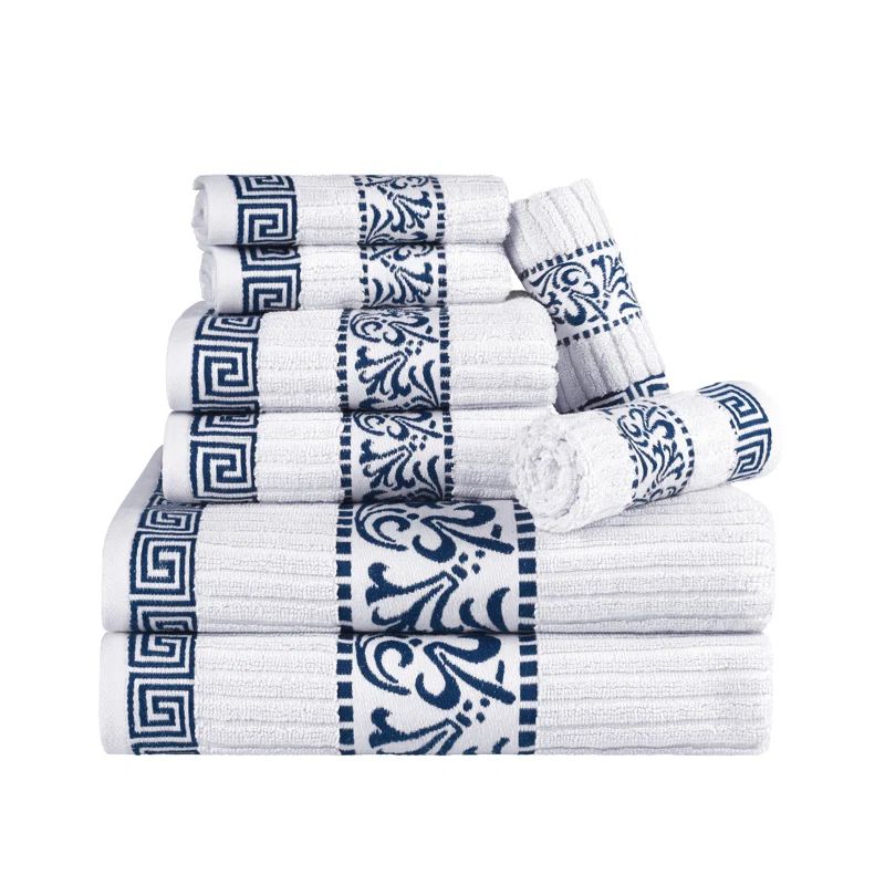 Athens Navy Blue Cotton 8-Piece Towel Set with Greek Key Trim