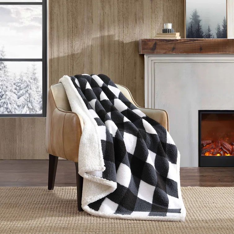 Black and White Plaid Reversible Sherpa Fleece Throw Blanket
