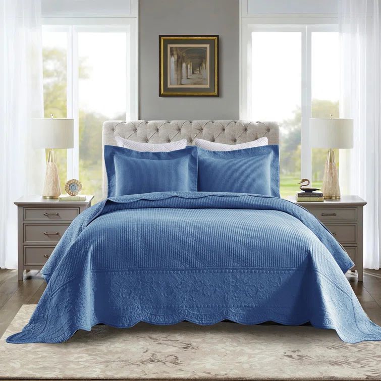 Midtone Blue Embroidered Cotton Queen Size Reversible Quilt Set