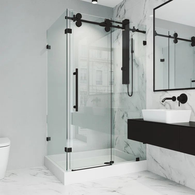 Winslow Matte Black Frameless Sliding Shower Enclosure with Clear Glass