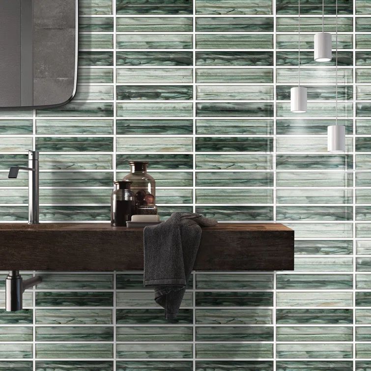 Tara Green Polished Glass Mosaic Wall Tile, 12-in x 12-in