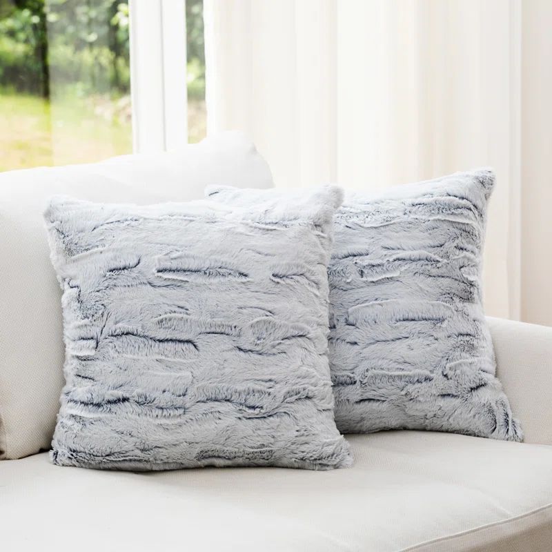 Blue and White Faux Fur Square Throw Pillows Set