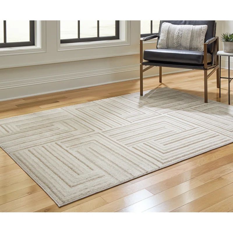 Cream and Taupe Geometric Tufted Wool 5' x 7' Rug