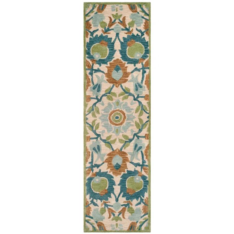 Ivory and Green Handmade Wool Floral Runner Rug