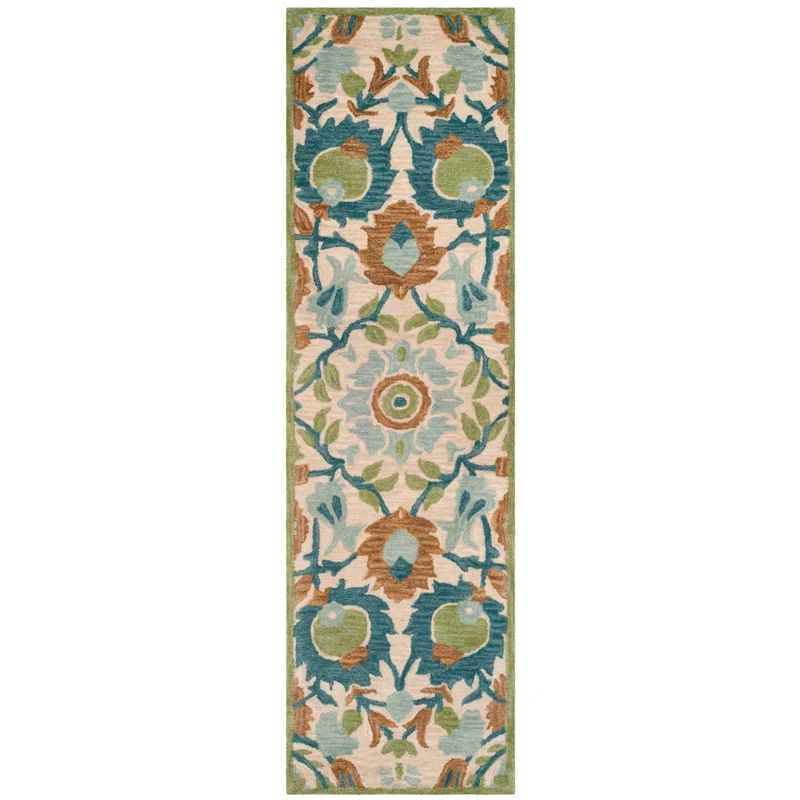 Ivory and Green Handmade Wool Floral Runner Rug