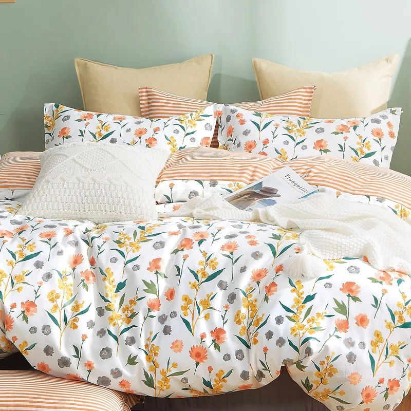 Full White Cotton Reversible Floral Comforter Set