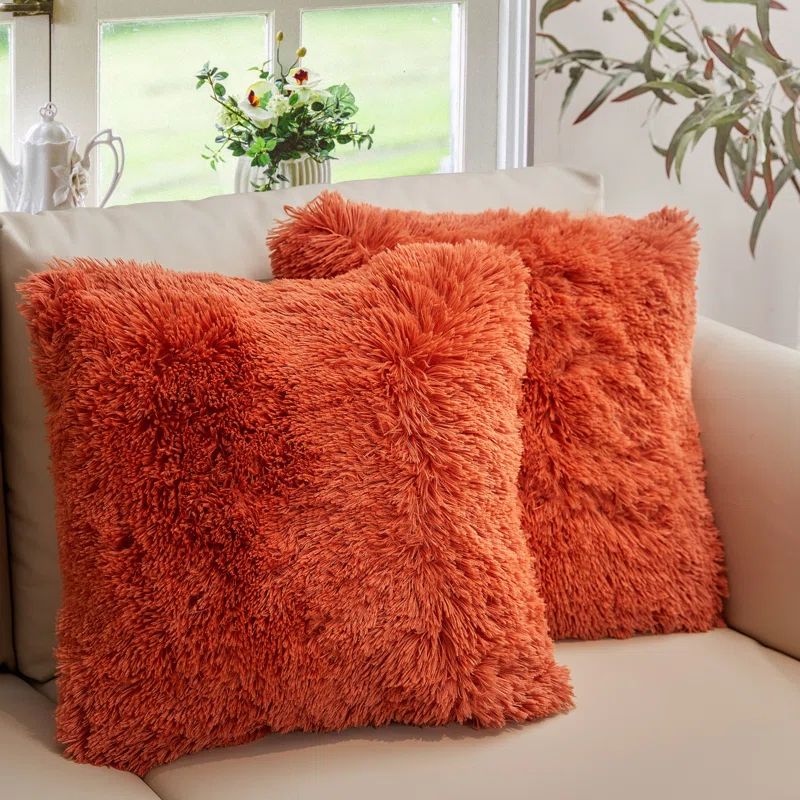 Rust Orange Shaggy Faux Fur Throw Pillows Set of 2