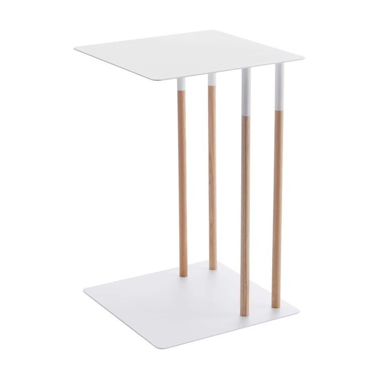 Sleek White Metal and Wood C-Shaped Sofa Side Table