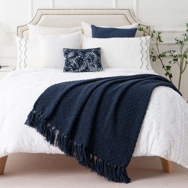 Navy Knitted Chenille Throw Blanket with Fringe Tassels, 50" x 60"