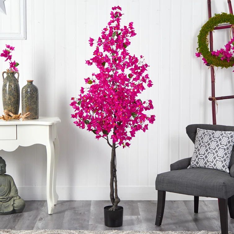 6' Pink Bougainvillea Faux Potted Plant with Realistic Trunk