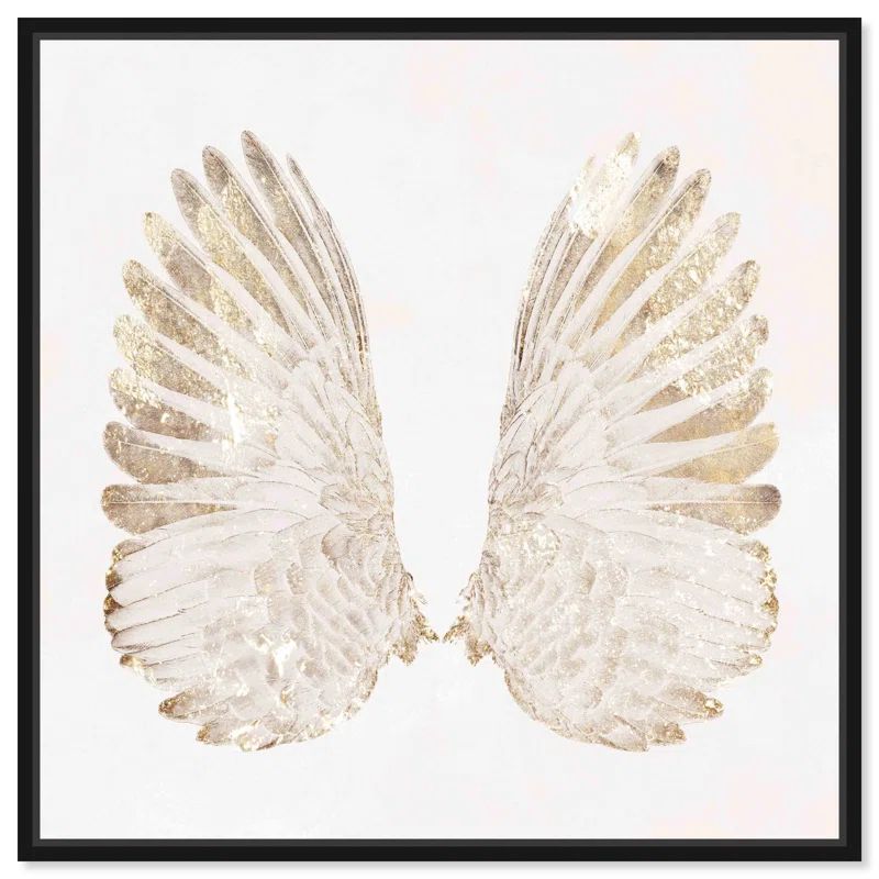Elegant White and Gold Angel Wings Canvas Print with Black Frame