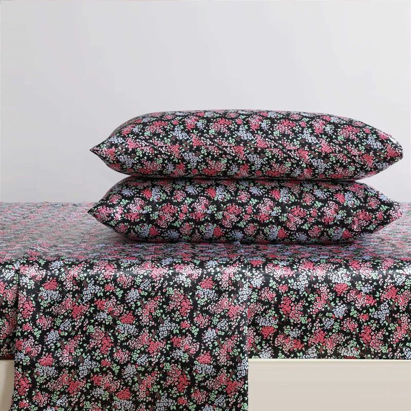 Confetti Floral Pink and Black Satin Twin Sheet Set