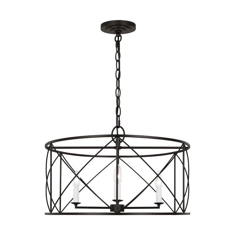 Aged Iron 4-Light Drum Chandelier with Latticework Design