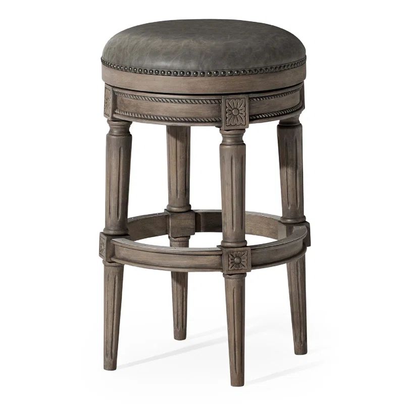 Reclaimed Oak Backless Swivel Bar Stool with Vegan Leather Seat