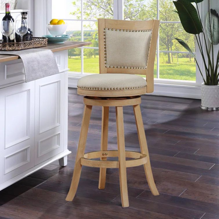 Driftwood Wire-Brush Swivel Barstool with Linen Upholstery and Brass Nailheads