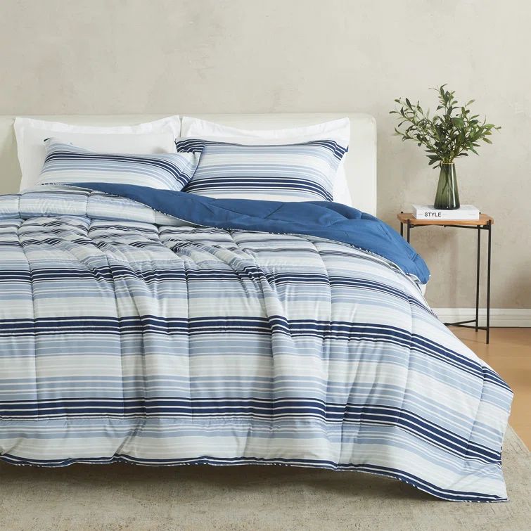 King Size Blue Gradient Stripe Reversible Microfiber Comforter Set