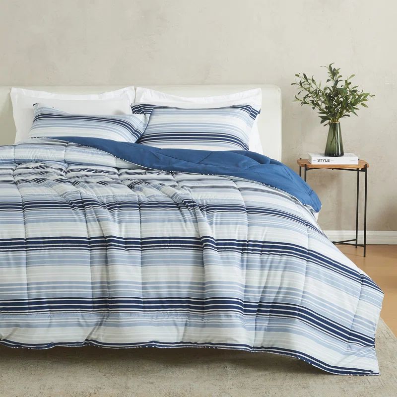 Twin Blue Gradient Stripe Reversible Microfiber Comforter Set