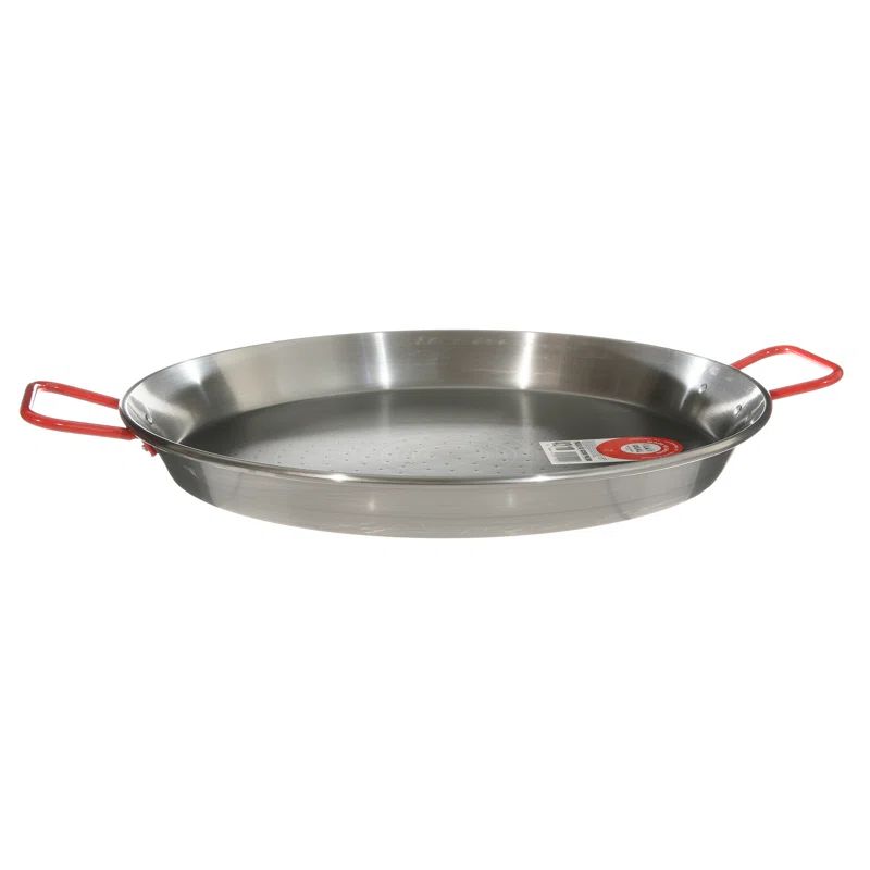 Traditional 15" Polished Carbon Steel Paella Pan with Red Handles