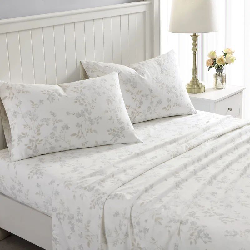 Twin Gray Cotton Flannel Floral Deep Pocket Sheet Set