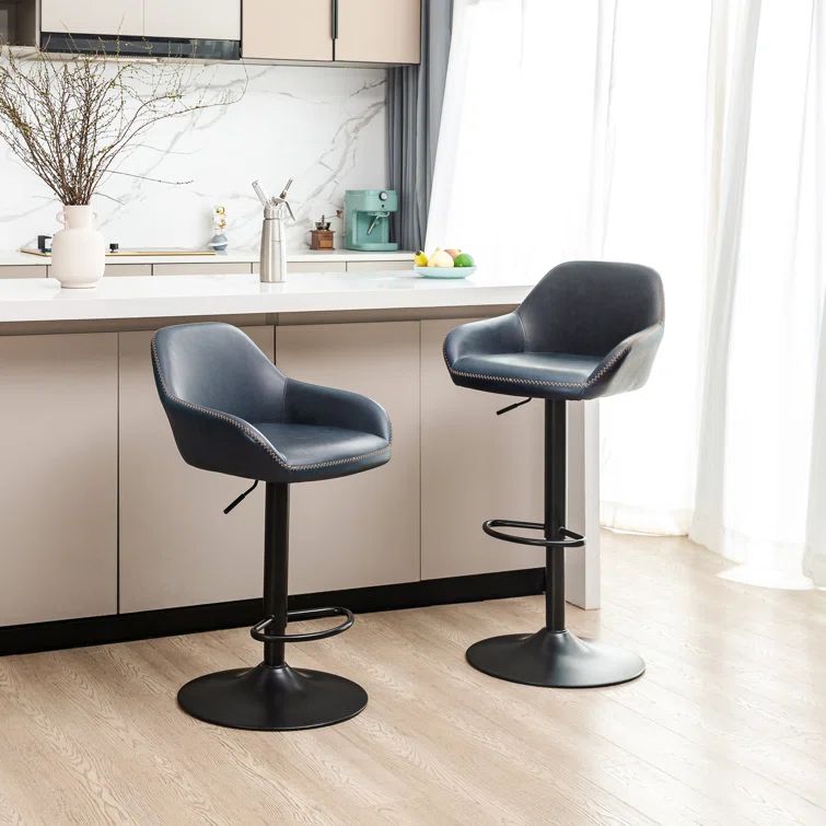 Navy Blue Faux Leather Adjustable Swivel Bar Stool Set