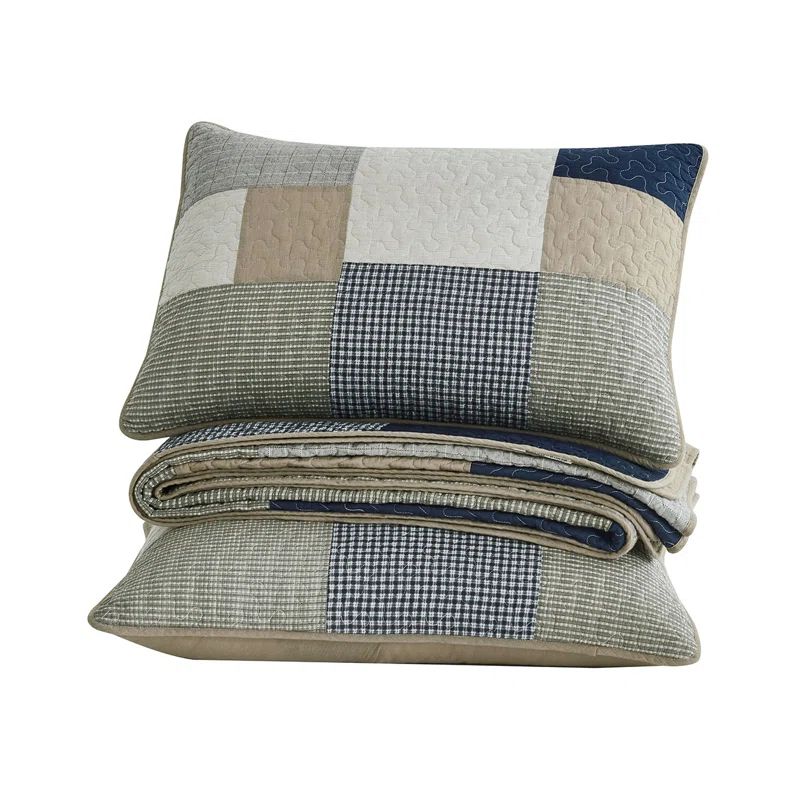 Navy and Beige Cotton Patchwork Reversible Queen Quilt Set