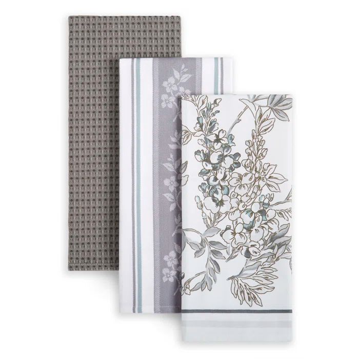 Gray and White Cotton Jacquard Stripe Kitchen Towel Set, 3-Pack