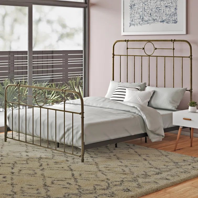 Bronze Queen Metal Frame Bed with Upholstered Headboard
