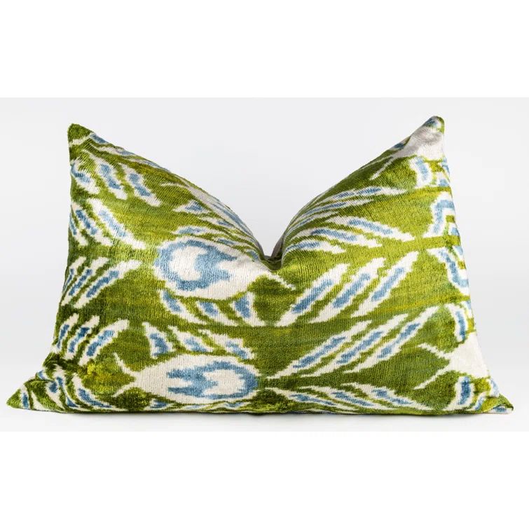 Handmade Green and Blue Silk Velvet Lumbar Pillow with Geometric Floral Pattern