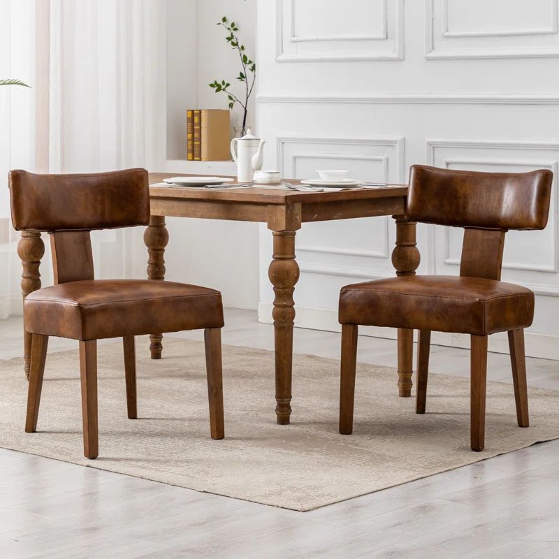 Brown Faux Leather Upholstered Dining Chairs with Wood Frame, Set of 2