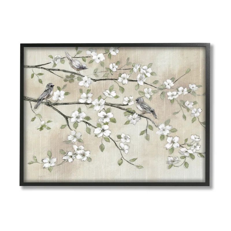 Traditional White Cherry Blossom Birds Branches Framed Wall Art