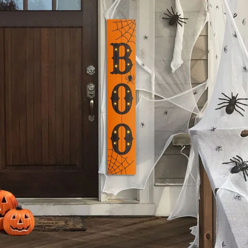 Orange Wooden BOO Halloween Yard Stake with LED Lights
