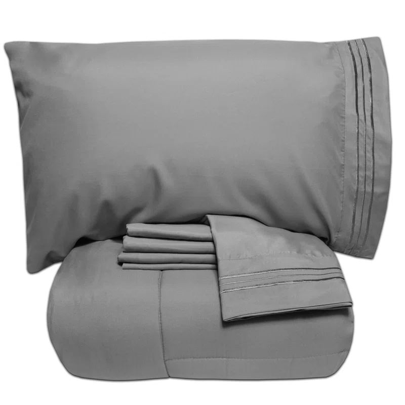 Gray Queen Reversible Down Alternative Microfiber 7-Piece Bed in a Bag Set