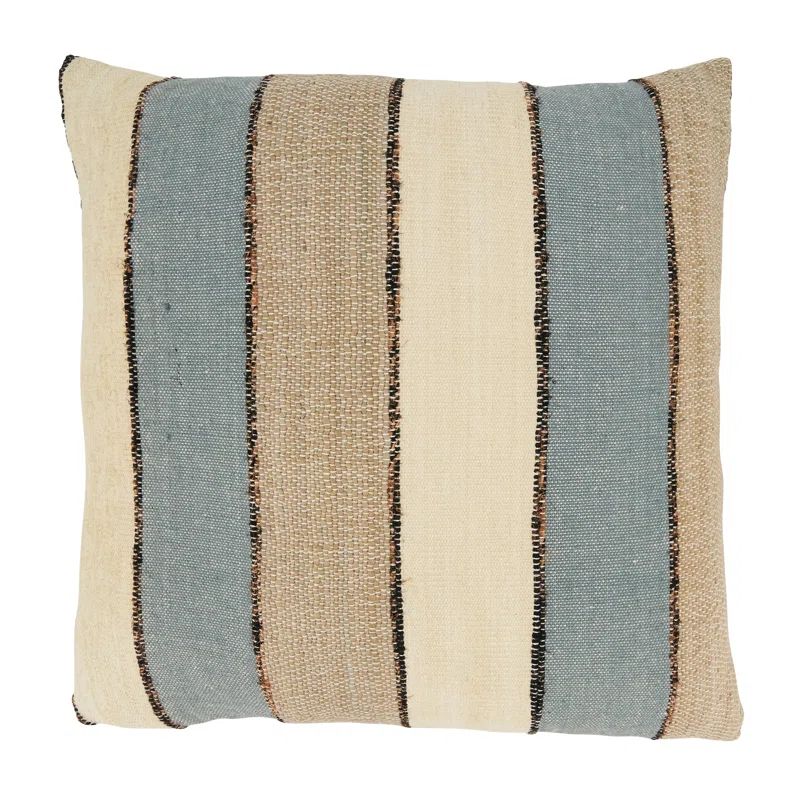 20'' Beige and Blue Striped Cotton Throw Pillow