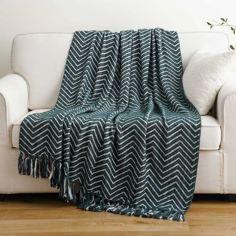 Dark Green and White Knitted Reversible Throw Blanket with Fringe