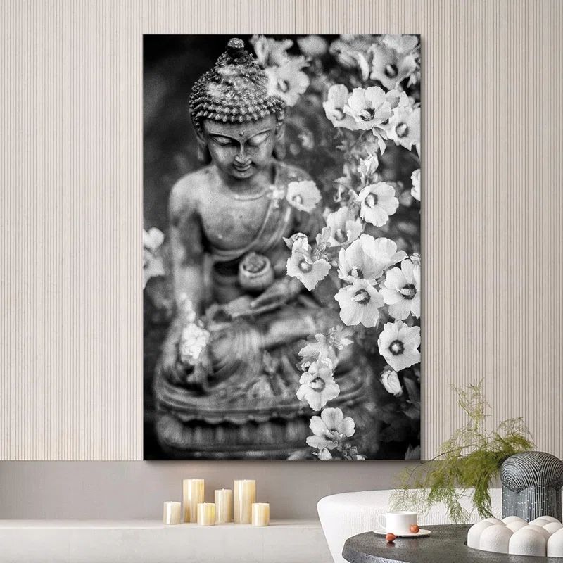 Black and White Buddha Statue with Lily Flowers Canvas Art